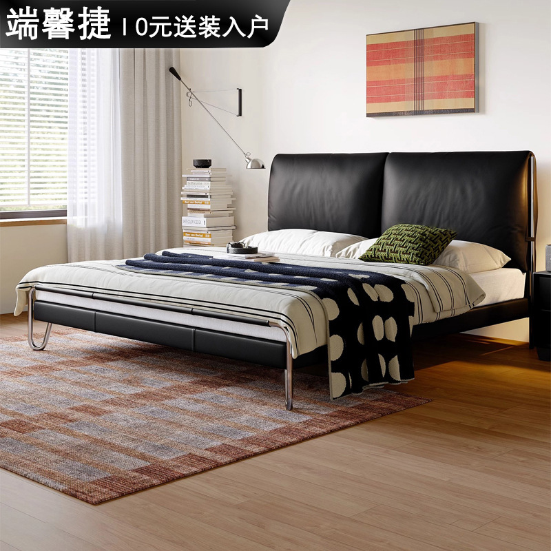 Bama de cuero estilo Bauhaus 2025 cama principal cama grande cama negra blanda de 1,8 m cama doble de alta gama nuevo