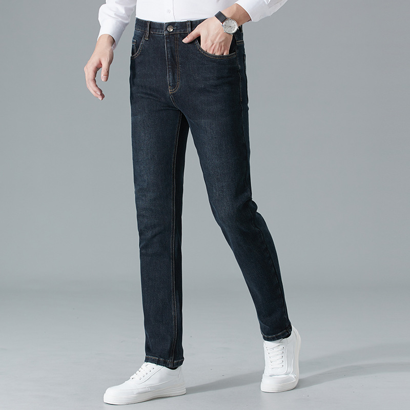 Brand Fashion Men's Cotton Jeans 2025 Autumn and Winter Stretch Casual Easiest for Match Green Middle-Aged Men's Straight-Leg Trousers