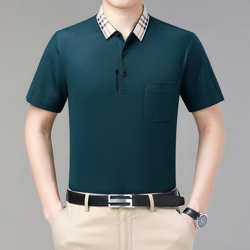 Summer New Style Mulberry Silk Short-Sleeved Men's Middle-Aged Lapel Pure Color Loose High-End Silk T-Shirt Casual Polo Shirt