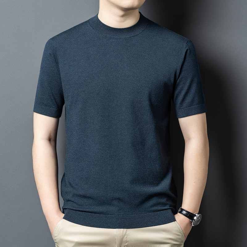 Short-Sleeved Worsted Men's Knitwear Autumn and Winter New Style Fashionable Casual Round Neck Versatile Ice Silk Knitwear T-Shirt for Young and Middle-Aged People