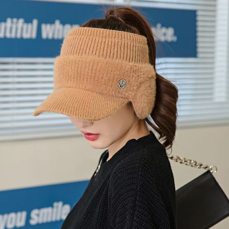 Winter Hat with Ponytail Opening, Windproof, New Style, Ear Protection, Adult Beanie, Thickened Peaked Cap, Large Brim, Knitted Hat