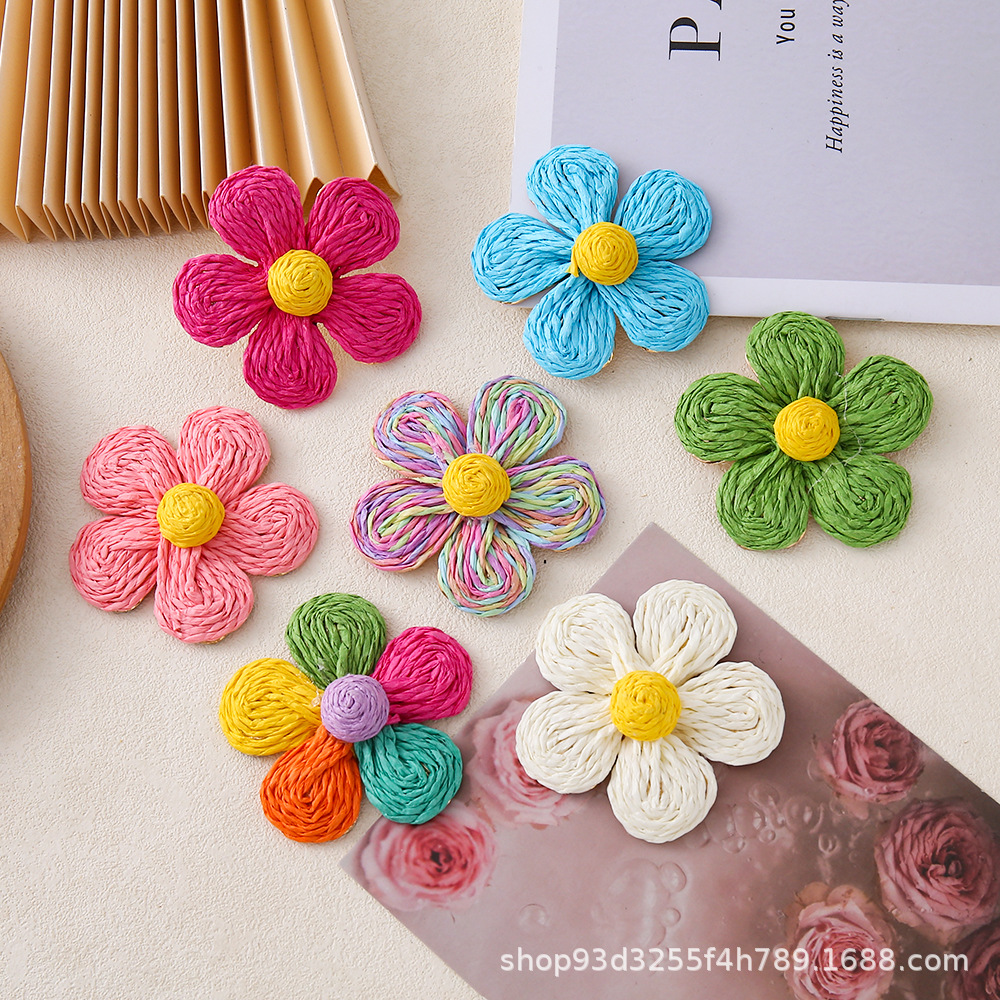 厂家现货波西米亚手工拉菲草编织撞色花朵耳环服饰女耳饰配件批发