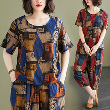 胖mm大码女装夏季新款文艺复古织棉印花短袖上衣七分裤宽松套装女