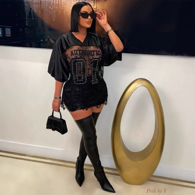 2026 New Cross-Border European and American Style Printed Loose Casual Streetwear See-Through Sexy Lace Patchwork T-Shirt Short-Sleeve Top