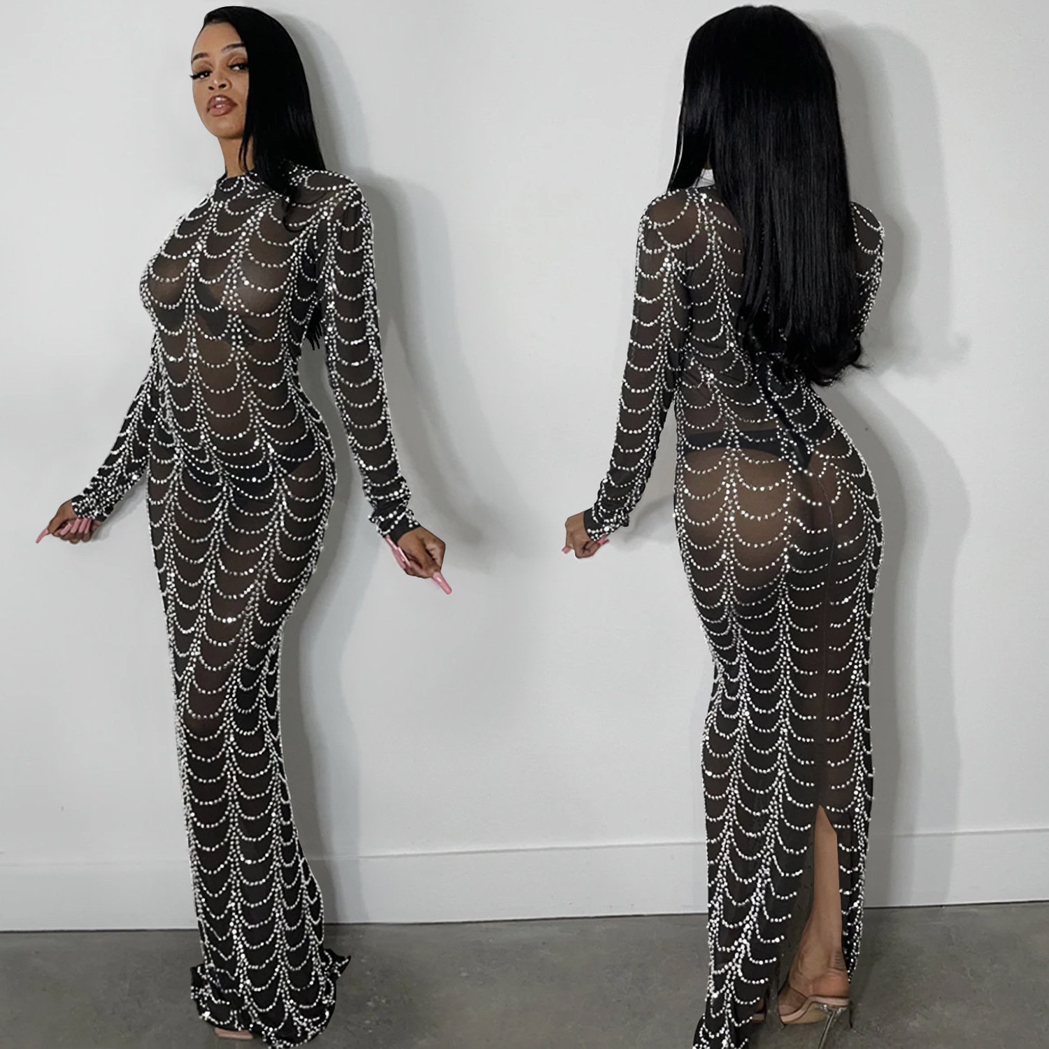 Sexy Hot Drilling Mesh See-Through Long-Sleeved Dress NSXYZ83965