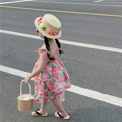 女童連衣裙2024夏裝裙子氣質度假風吊帶裙大花荷葉擺沙灘裙公主裙