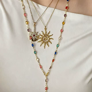 欧美跨境太阳吊坠项链轻奢高级感流苏眼睛长链条彩色冷淡风锁骨链