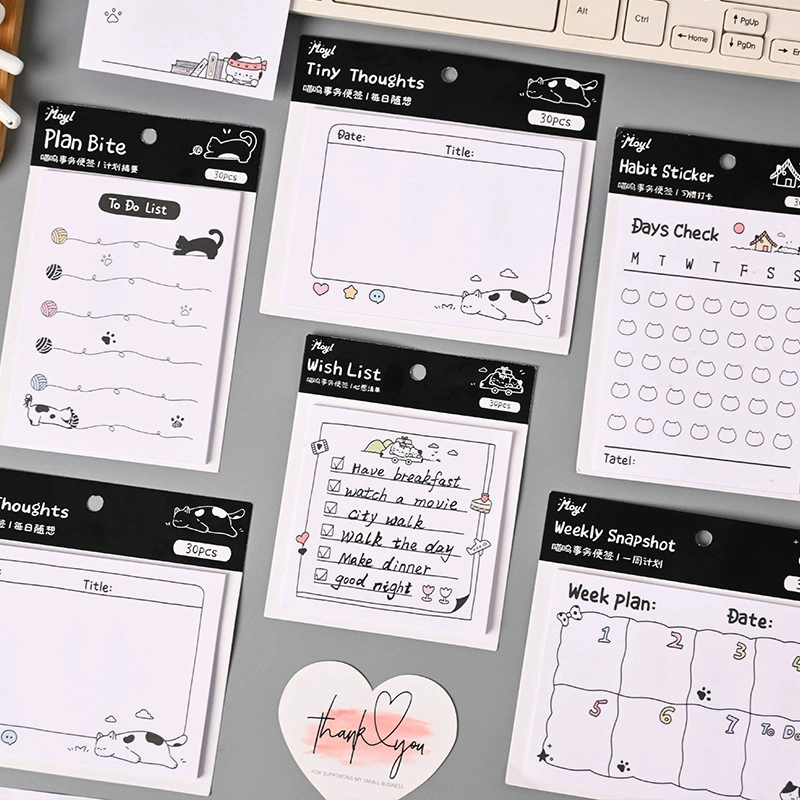 Черно-белые липкие заметки на тему кошек, стиль комиксов, милый материал для украшения справочника, бумага, милые липкие заметки с сообщением «мяу»