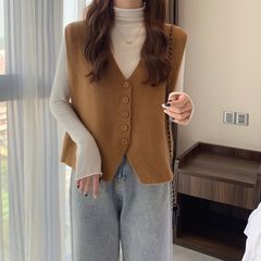 短款不规则韩版v领针织马甲宽松单排扣新款坎肩无袖毛衣洋气背心