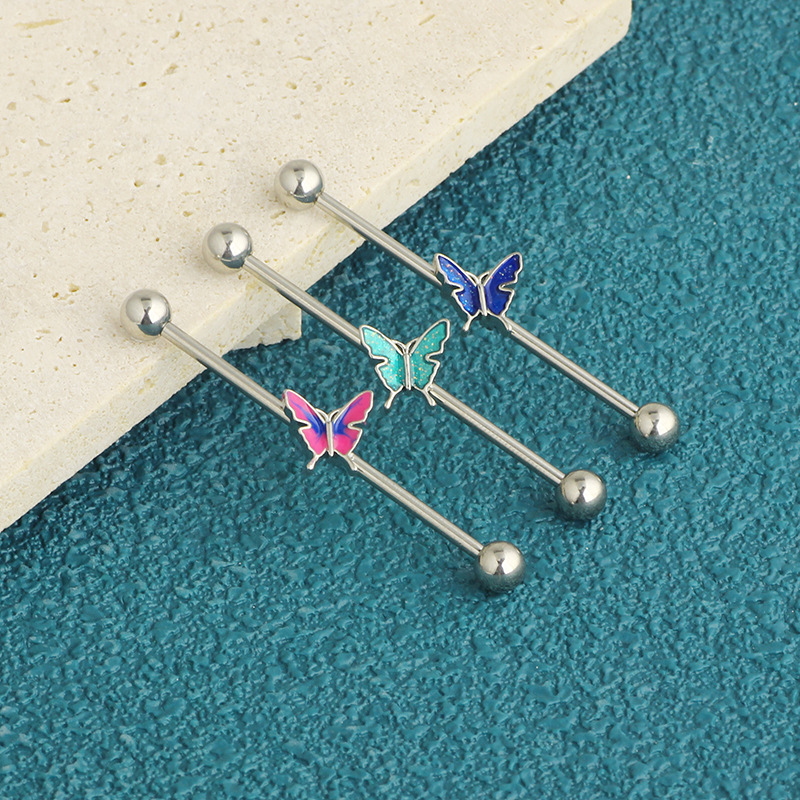 14G Industrial Barbell Ear Studs External Thread Drop Oil Butterfly Ear Bridge Double Ear Hole Straight Rod Pearl Ear Studs detail image 7
