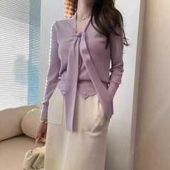 2025秋冬新款轻柔飘带款温柔风紫色针织衫女装百搭针织打底上衣