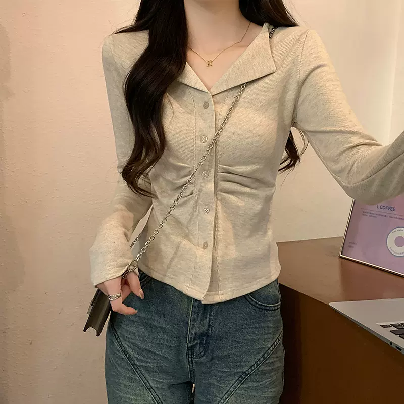 实拍250G绵羊绒女薄款2025初秋新款纯色短款外套翻领上衣长袖t恤