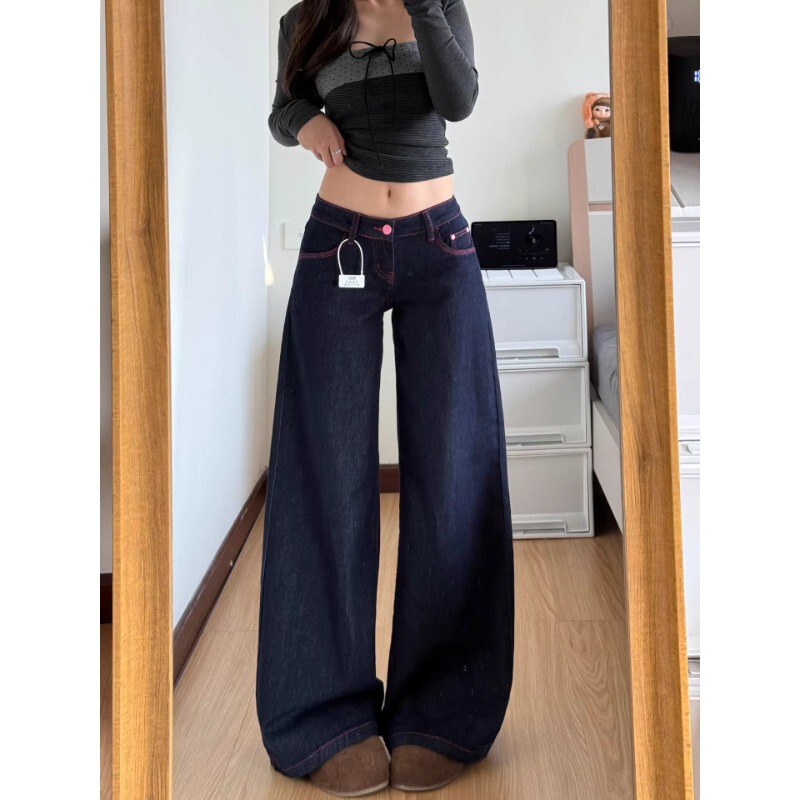 Vintage Color-Block Wide-Leg Jeans for Women, 2026 Spring New Design, Low-Waist Loose Fit, Versatile Long Pants
