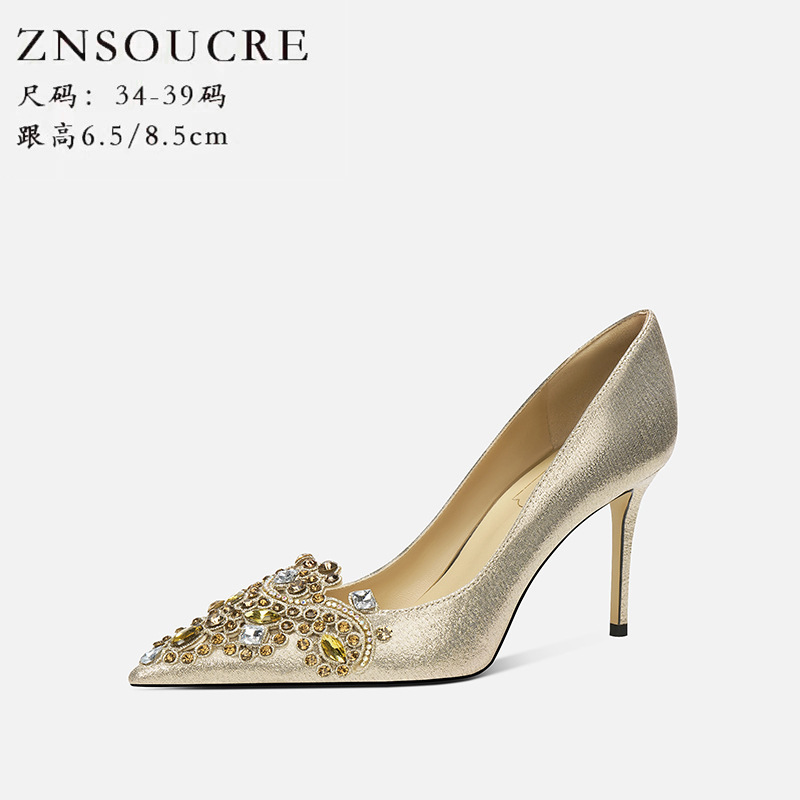 708-A78 Niche High-end Wedding Shoes High Heels Gold Main Wedding Dress Bride Crystal Shoes Banquet Stiletto Heel Shoes