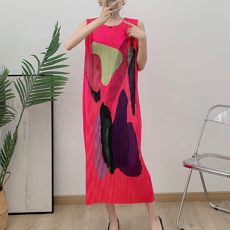 Pleated Thick Material Big Toothpick Vest Skirt 2024 Autumn and Winter Commuter Printed dress Women Temperament Sleeveless Base Skirt Women
