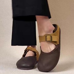 软皮版~复古丑萌软皮浅口博肯鞋女一字扣带单鞋圆头休闲玛丽珍鞋