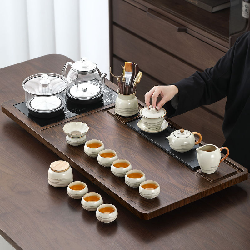 Tangfeng Ru Kiln Kung Fu Tea Set - Household Ceramic Teapot, Teacups, Tea Tray, Complete Set with High-end Automatic Watering Tea Tray Tangfeng Ru Kiln Kung Fu Tea Set - Household Ceramic Teapot, Teacups, Tea Tray, Complete Set with High-end Automatic Watering Tea Tray
