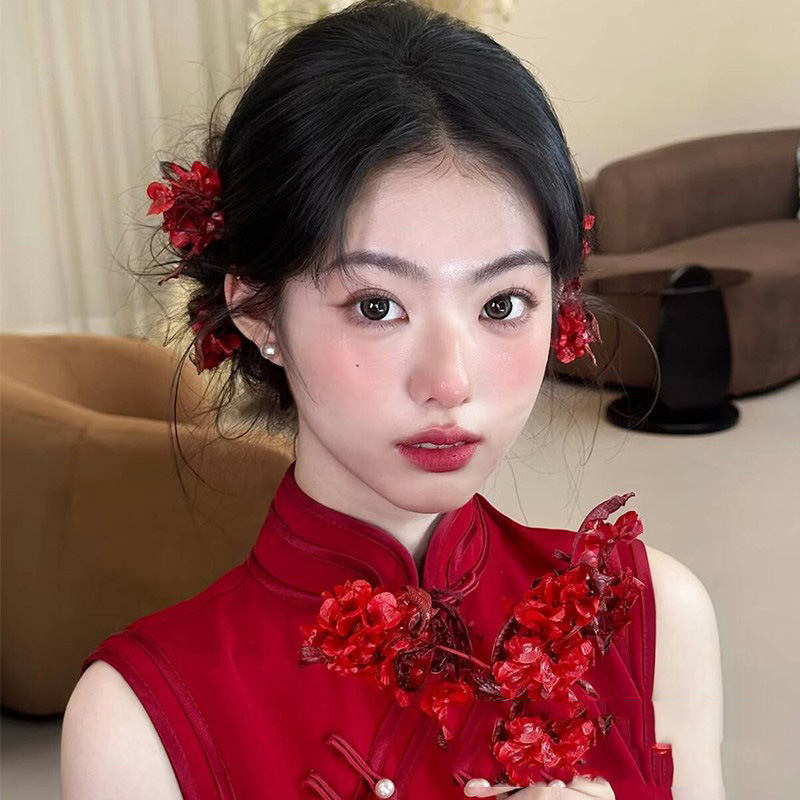 Bride's Red Flower Headpiece Engagement Headdress Chinese Classical Ancient Style Cheongsam Morning Robe Toast Outfit Elegant Accessories