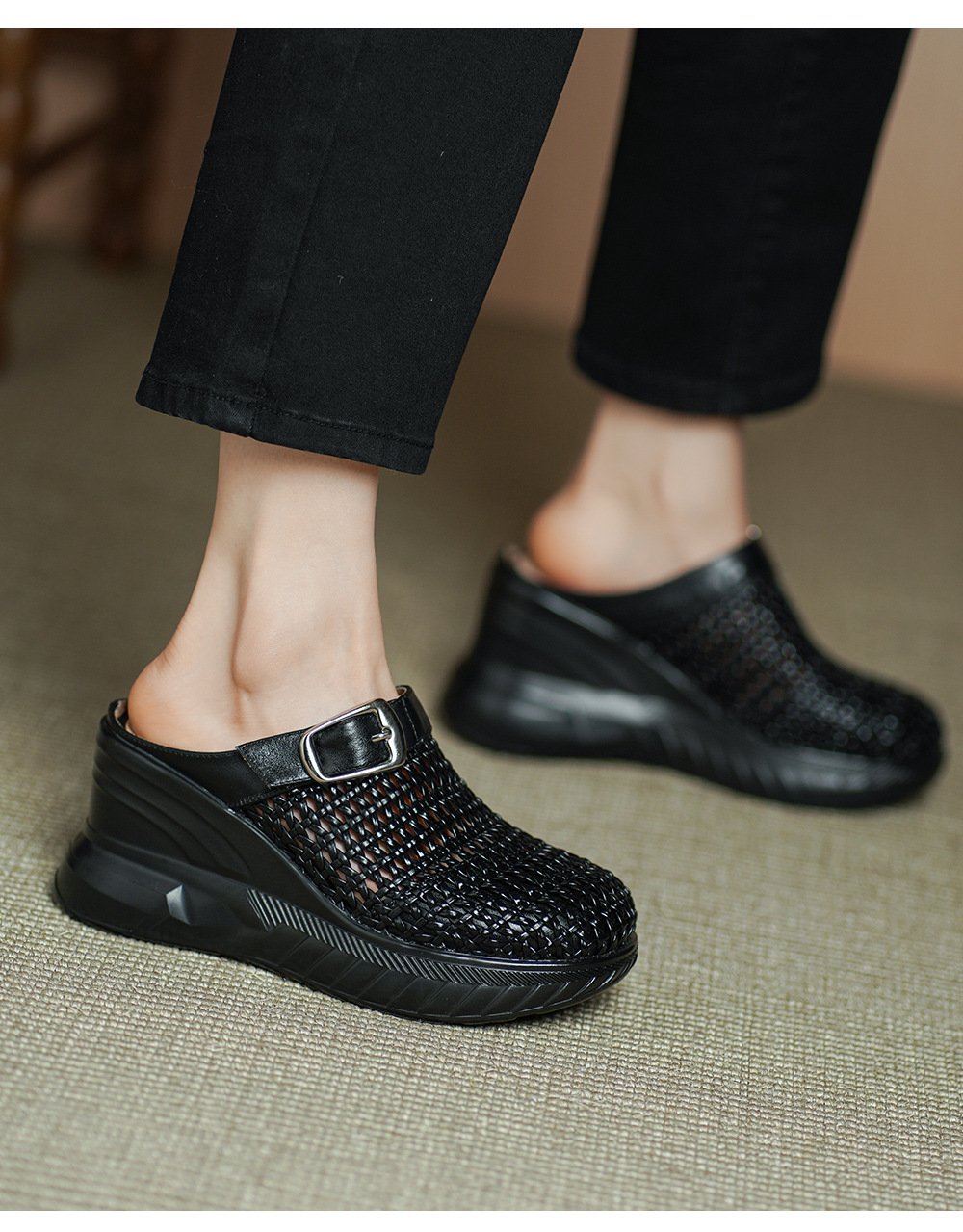 Sandal cao gót nữ mũi hở đế xuồng 8.5cm da thật kiểu La Mã đan lưới — màu đen, màu mơ chi tiết 10