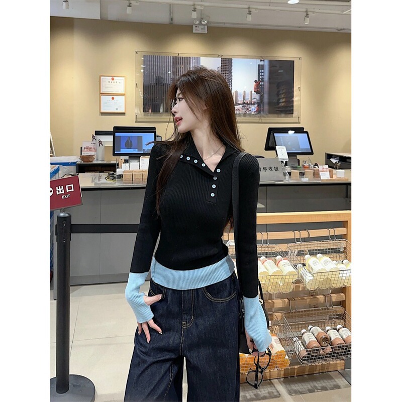 Stitching Contrast Color Design Lapel Base Sweater Women's Autumn and Winter Slim-fit Slimming Temperament Thickened Inner Sweater
