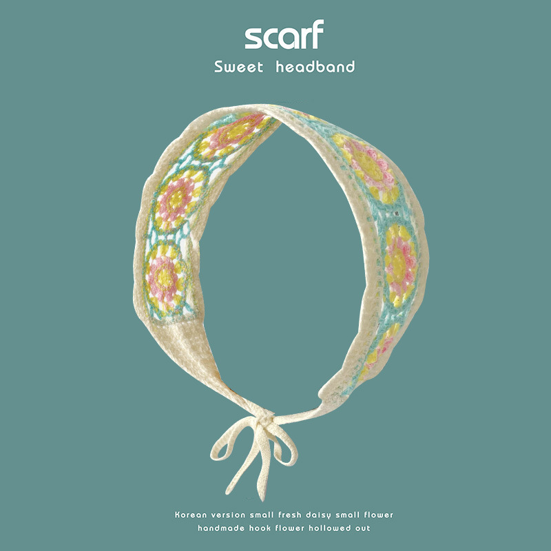 Nuevo colorido estilo étnico hecho a mano de ganchillo tejido banda de pelo de ala ancha estilo pastoral retro de las mujeres banda de pelo bolsa pañuelo sombrero