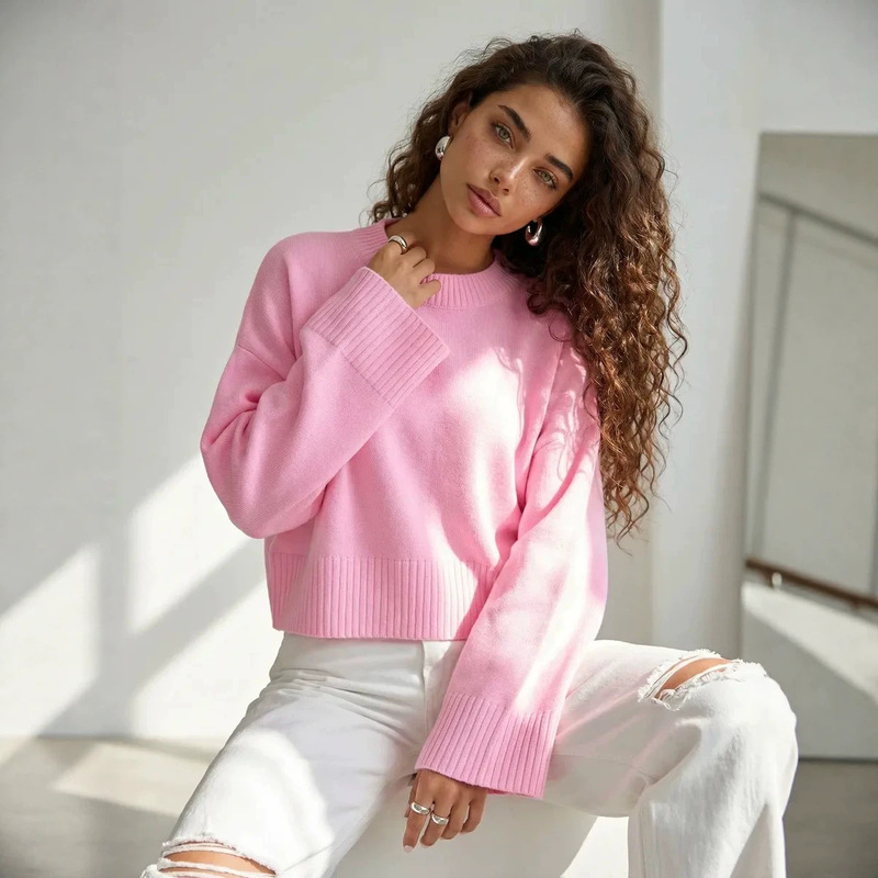 2026 New European and American Style Loose Round Neck Pure Cotton Sweater for Women, Spring and Autumn Solid Color Knit Lazy Style Long-Sleeve Pullover