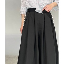 2022珍珠高腰百褶半身裙女夏装日系新款韩版中长款A遮胯显瘦裙子