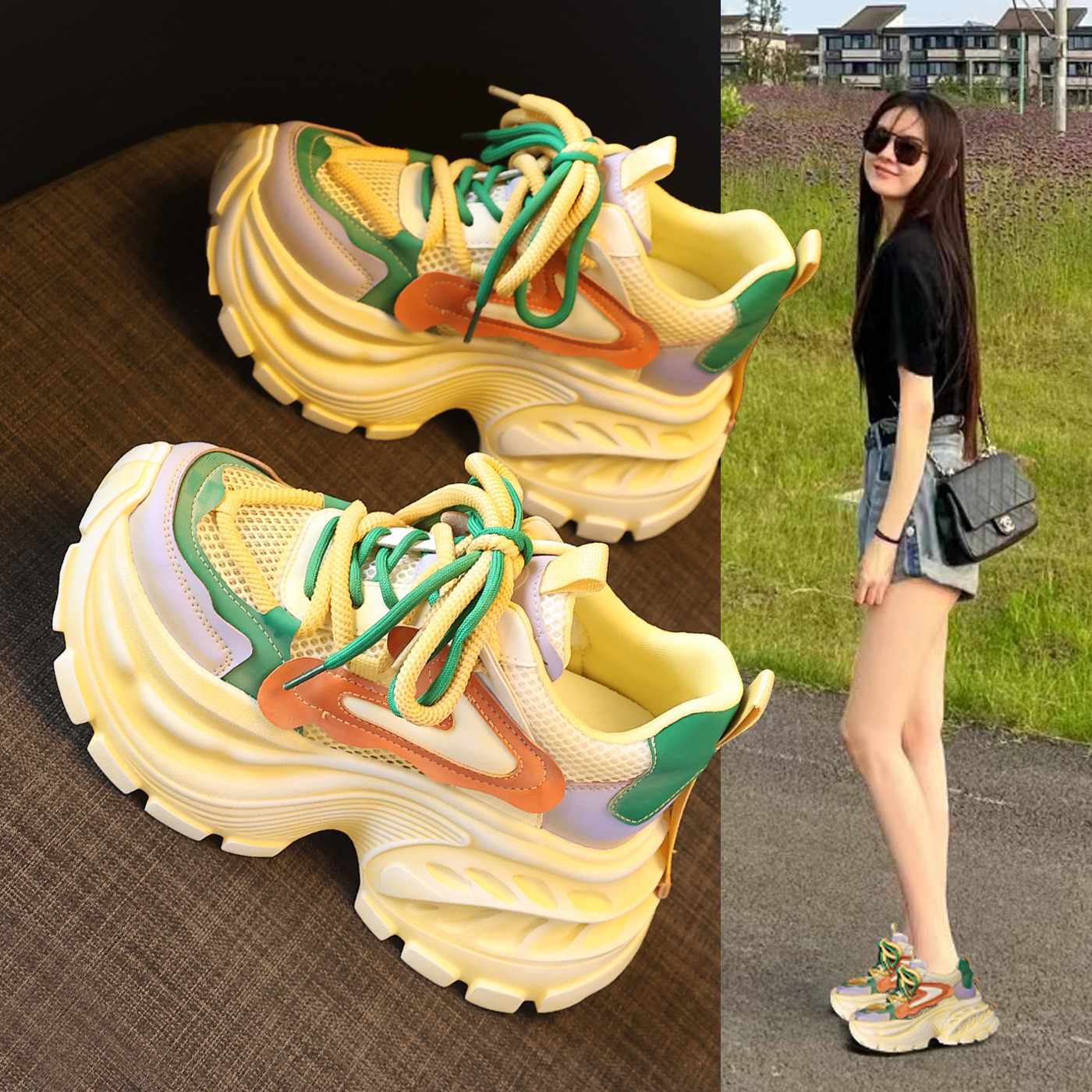 Giày sneaker nữ đế dày lưới thoáng khí phong cách daddy giày tăng chiều cao — màu hồng