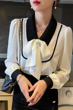 春装年新款女装上衣早春款蝴蝶结女白衬衫感雪纺法式衬衣