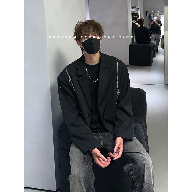 Vintage Small Zipper Design Autumn Spring and Autumn Neapolitan Suit Jacket Men's Niche American Jacket Suit