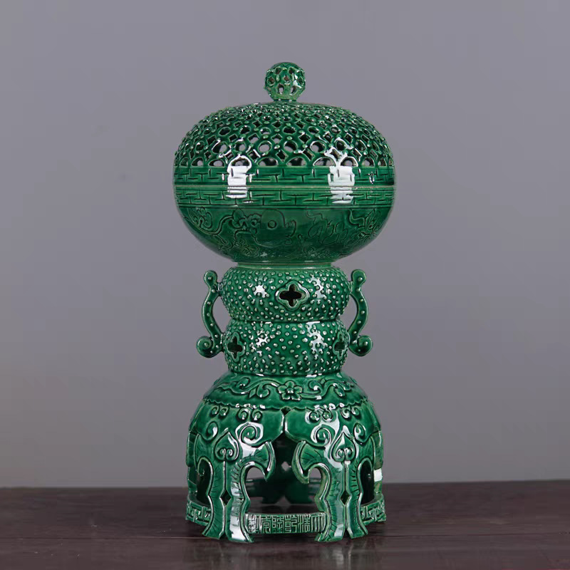 仿古陶瓷佛具香炉高脚仿古镂空绿色熏香炉寺庙佛堂供佛工艺品摆件