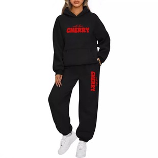 2025 Amazon Cross-Border European and American Style Dropped Shoulder Sleeve Casual Hooded Sweatshirt Suit Cherry Series Women's Sweatshirt Set