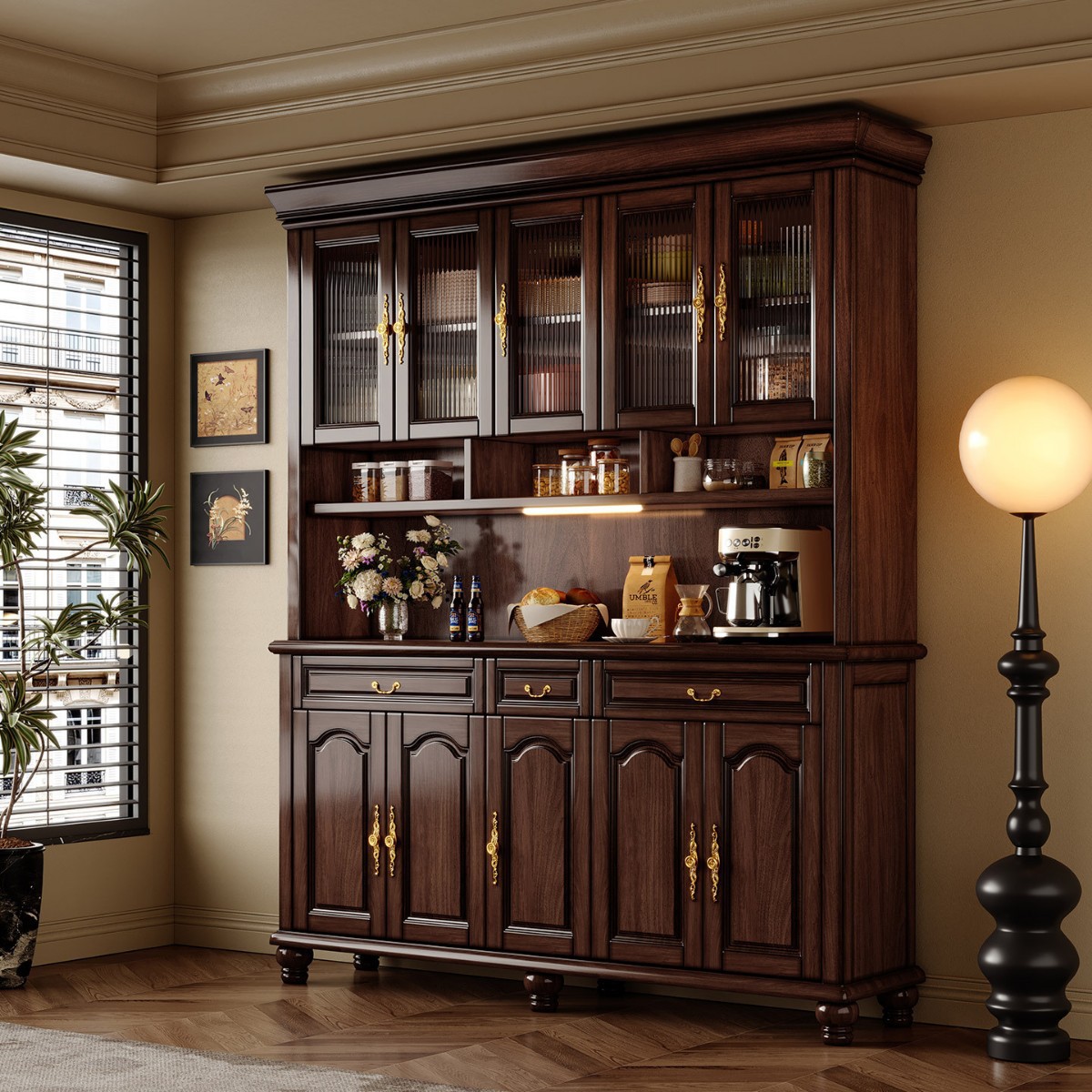 Medieval Style Solid Wood Sideboard Black Walnut Wall-Mounted Integrated Kitchen Cabinet Living Room Dining Room Storage Wine Cabinet