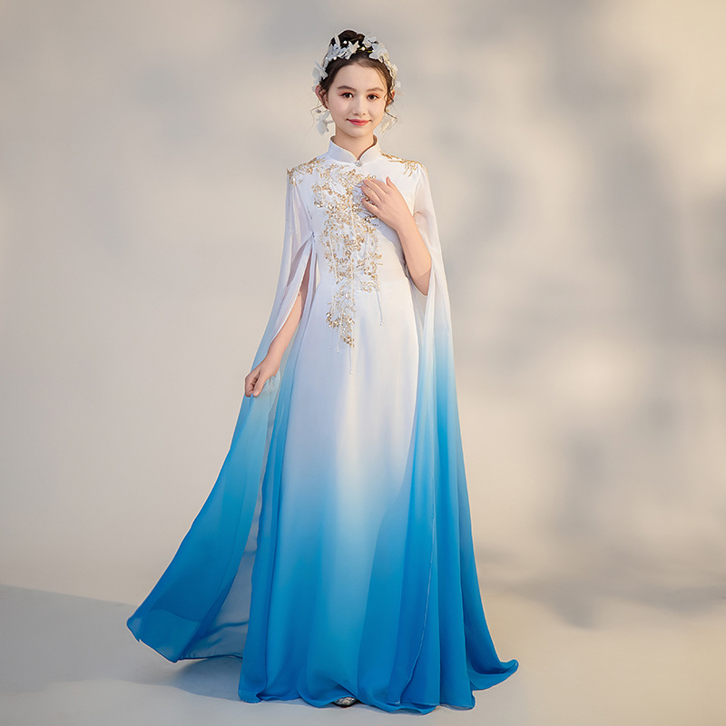Doll Chinese Traditional Music Guzheng Performance Dress 2025 New Blue Gradient Flowing Chiffon Gown for Children - Exquisite Guzheng Costume