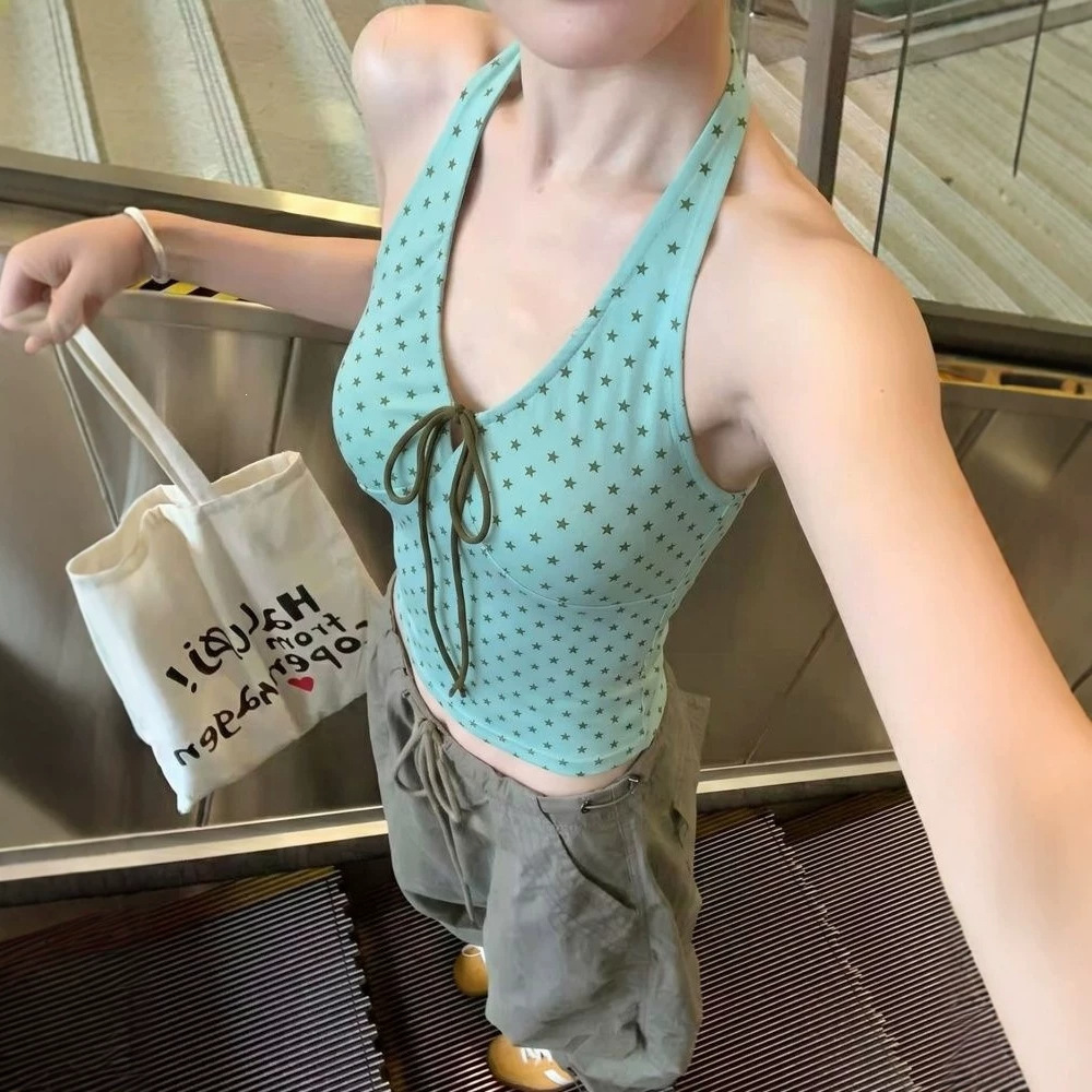 Polka Dot Hot Backless Strappy V-Neck Halter Vest for Women, Summer Slim Fit Short Design Top