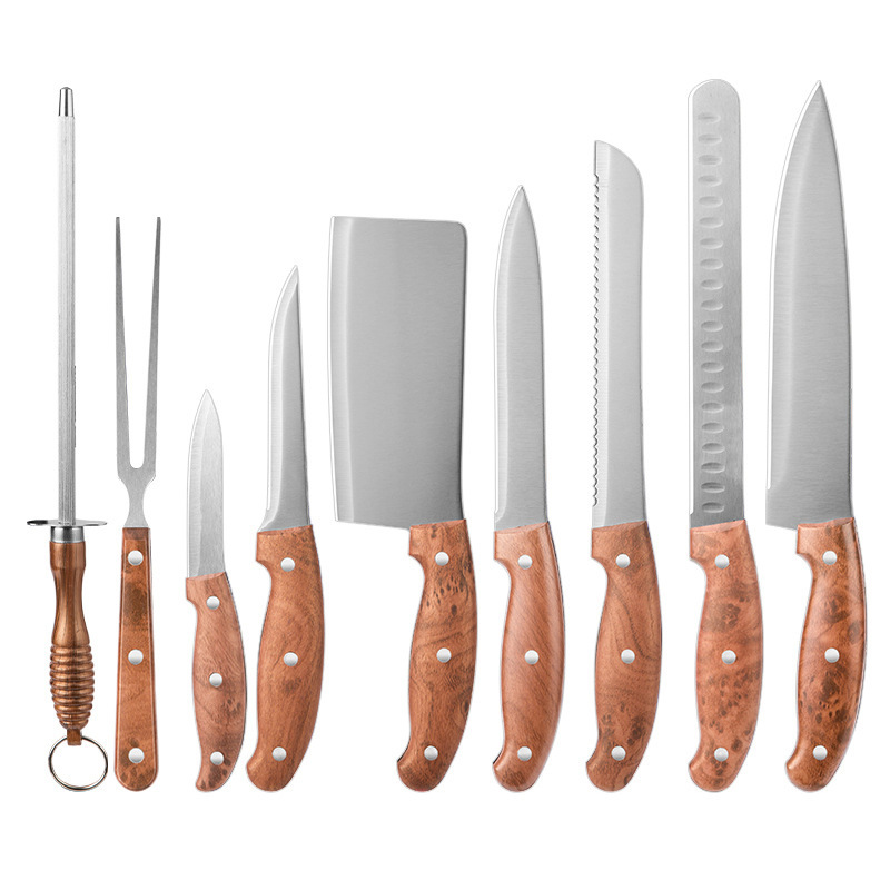 Fabricantes de acero inoxidable en stock de herramientas de cocina de nueve piezas de mango de madera imitación de corte de verduras cortadas de carne de barbacoa cocina de horneado