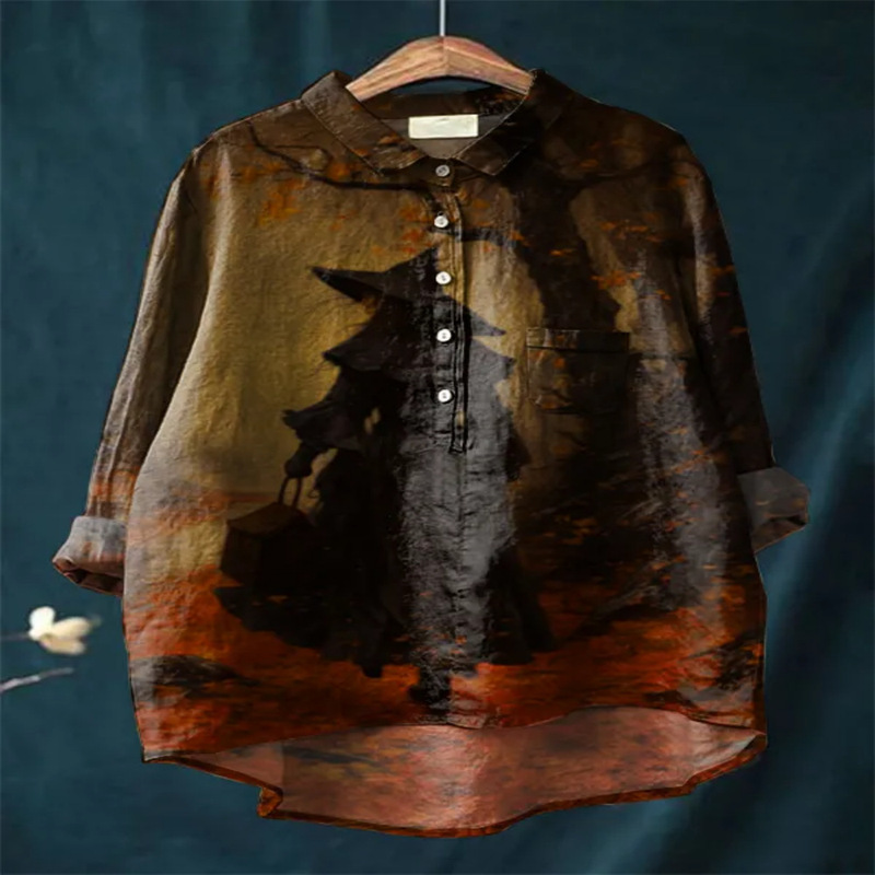 Halloween Cute Witch Digital Print Women's Casual Cotton and Linen Long Sleeve Casual Loose Shirt Halloween Cute Witch Digital Print Women's Casual Cotton and Linen Long Sleeve Casual Loose Shirt