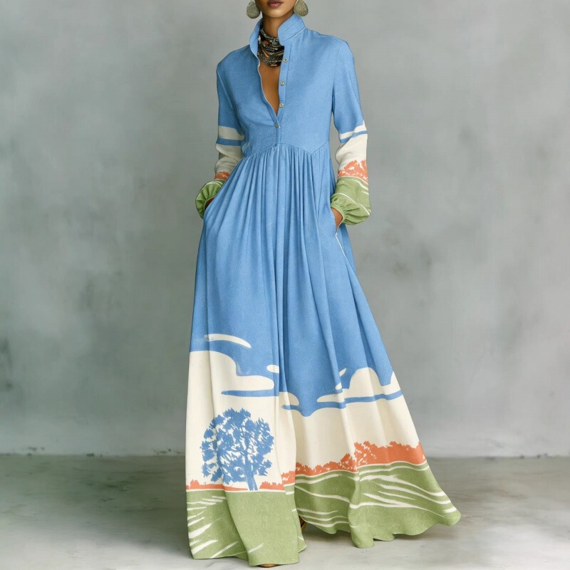 New cross-border foreign trade cardigan long-sleeve dress, European and American floral pattern digital print long dress New cross-border foreign trade cardigan long-sleeve dress, European and American floral pattern digital print long dress