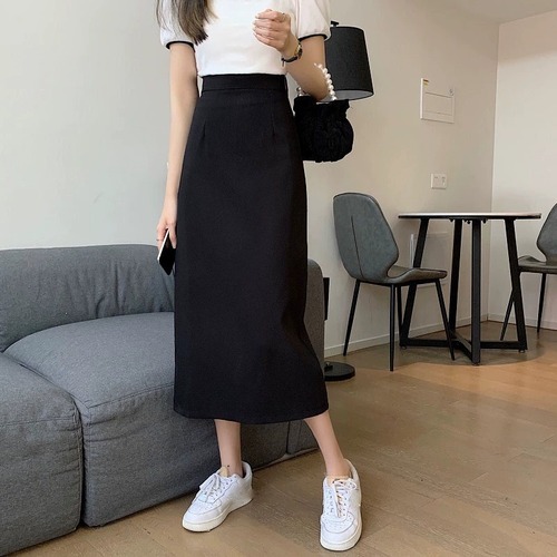 Plus-size Spring Summer Autumn Women's High-Waist Suit Skirt A-line Slimming Design Sensory Slit Hip-Hiding Black Dress