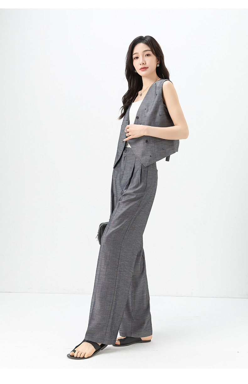 Bộ vest nữ phong cách tiền cũ Xinge áo vest gile quần ống rộng vải lanh Tencel mỏng mùa hè — Vest xám (65473) chi tiết 22