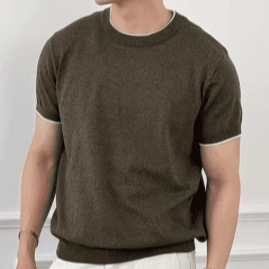 Old Money Style Round Neck Gray Cotton-Linen Knit Shirt for Men, Summer Thin Style with Contrasting Color Design and Waist-Cinching Short-Sleeve Top