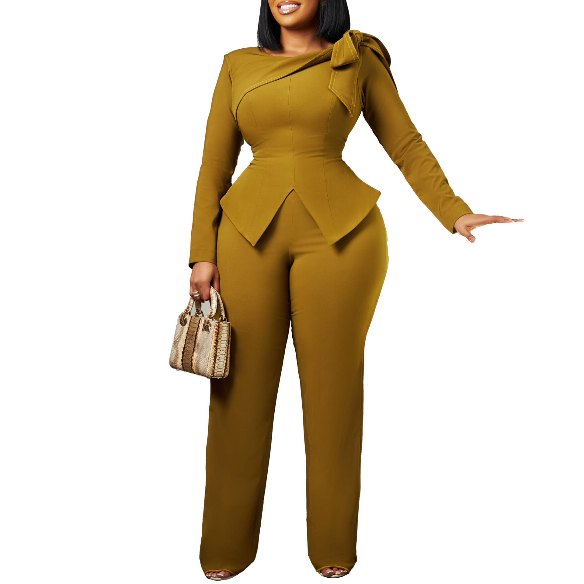 Women's Pant Sets Solid Colour Long Sleeve Co-ord Two Piece Outfit_voghion.com