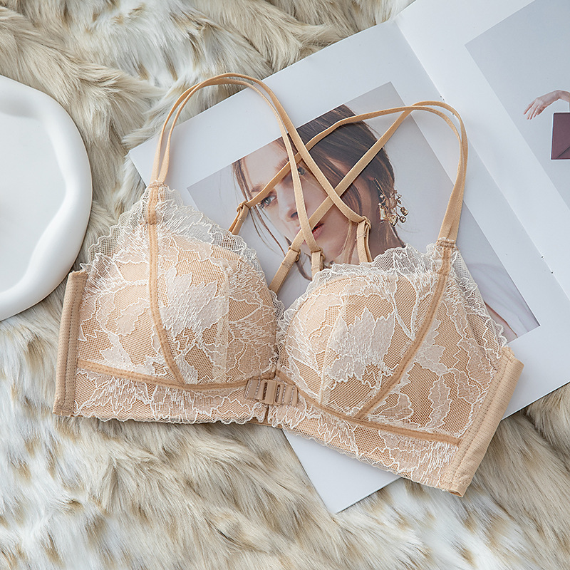 Ropa interior de estilo francés inalámbrico de las mujeres pequeño pecho push up puro deseo estilo encaje sexy ropa interior negro frente hebilla sujetador traje 88