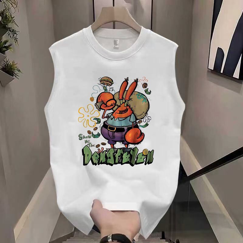 Pure Cotton Japanese-Style Cartoon Fun Crab Boss Print Couple Vest Tank Top T-Shirt for Women and Men Summer Couple Lazy Style 12