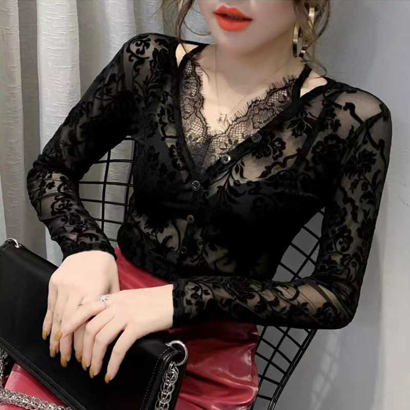 "Beflocktes V-Ausschnitt-Langarmshirt aus Mesh – Sonnenschutzbluse aus Hohlspitze für Damen"_voghion.com