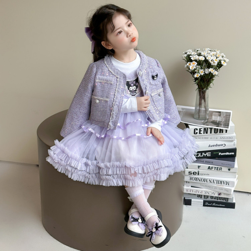 Girls' Little Chanel Style Set 2025 Autumn New Cartoon Jacket Mesh Princess Dress Sweet Two-Piece Set