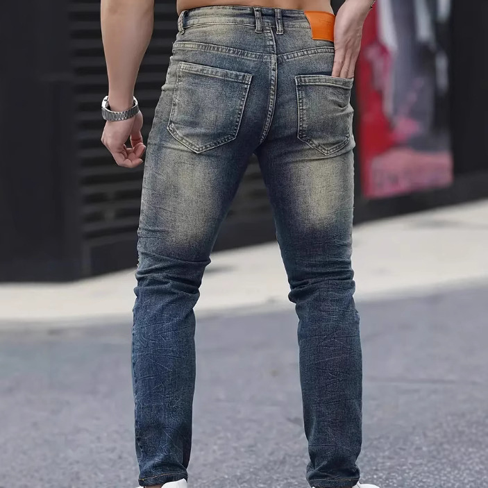 High-End Ripped Jeans Men's Slim-Fitting Pants Summer Thin Light Blue Casual Stretch Korean Style Pants for Men