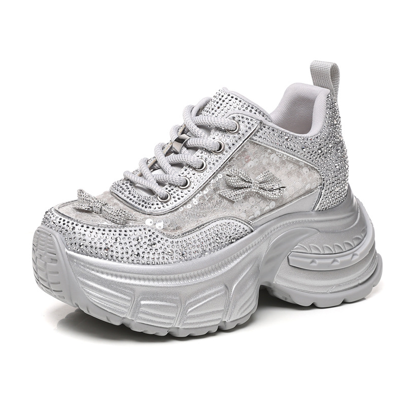 Giày sneaker nữ chunky đế dày đính đá phong cách thể thao — Màu trắng