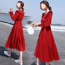 春季新款长袖连衣裙韩版气质收腰显瘦雪纺连衣裙红色仙娃娃领裙