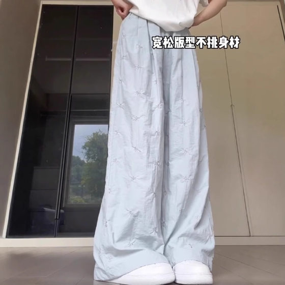 American fashion blue overalls women's summer new bow embroidery drape thin casual wide leg pants for women